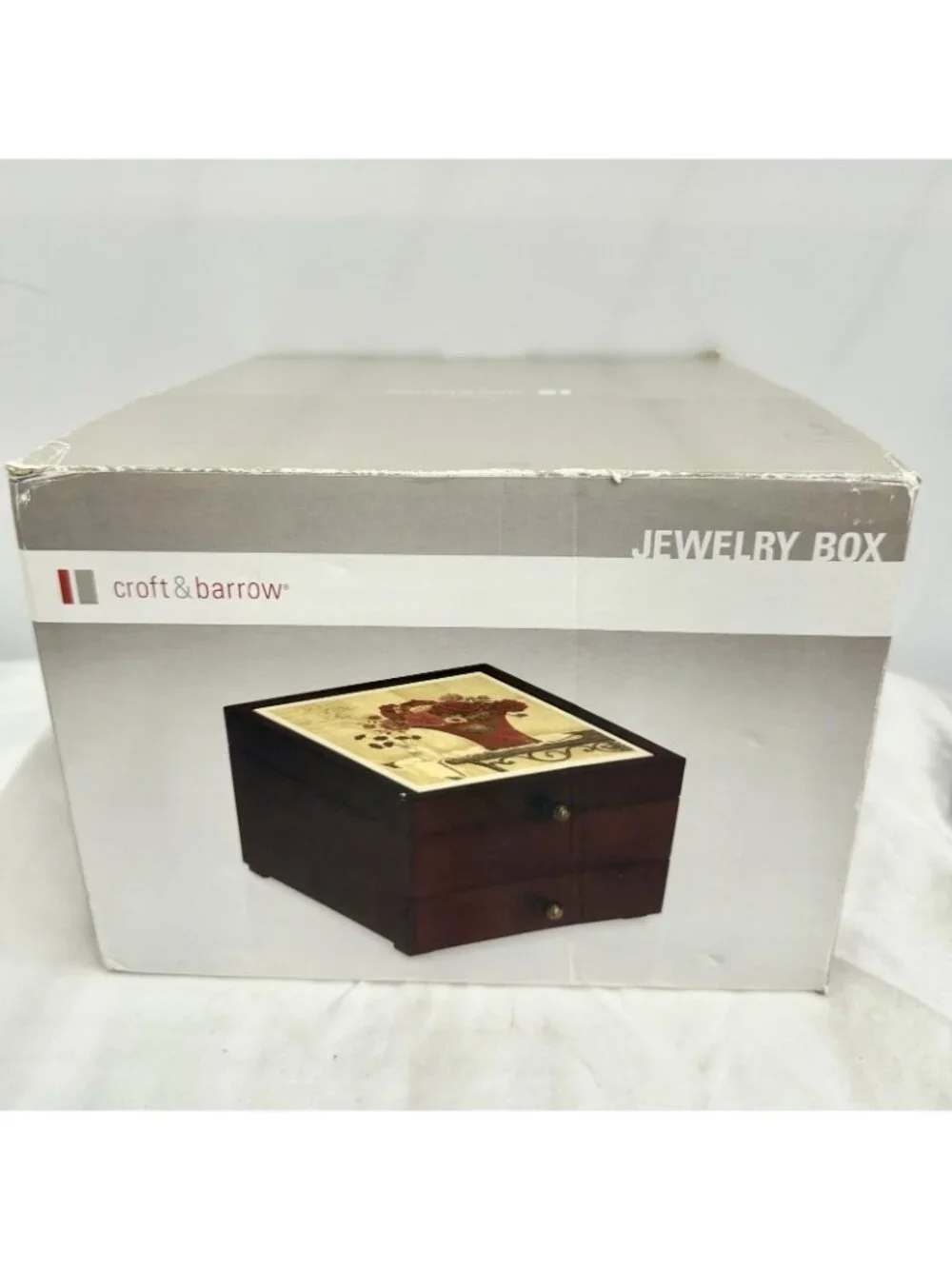 Vintage 2004 Croft & Barrow Wooden Jewelry Box Floral Ceramic Lid 2 Drawer New